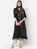 Myshka Black Color Rayon Embroidered Kurta With Dupatta Set