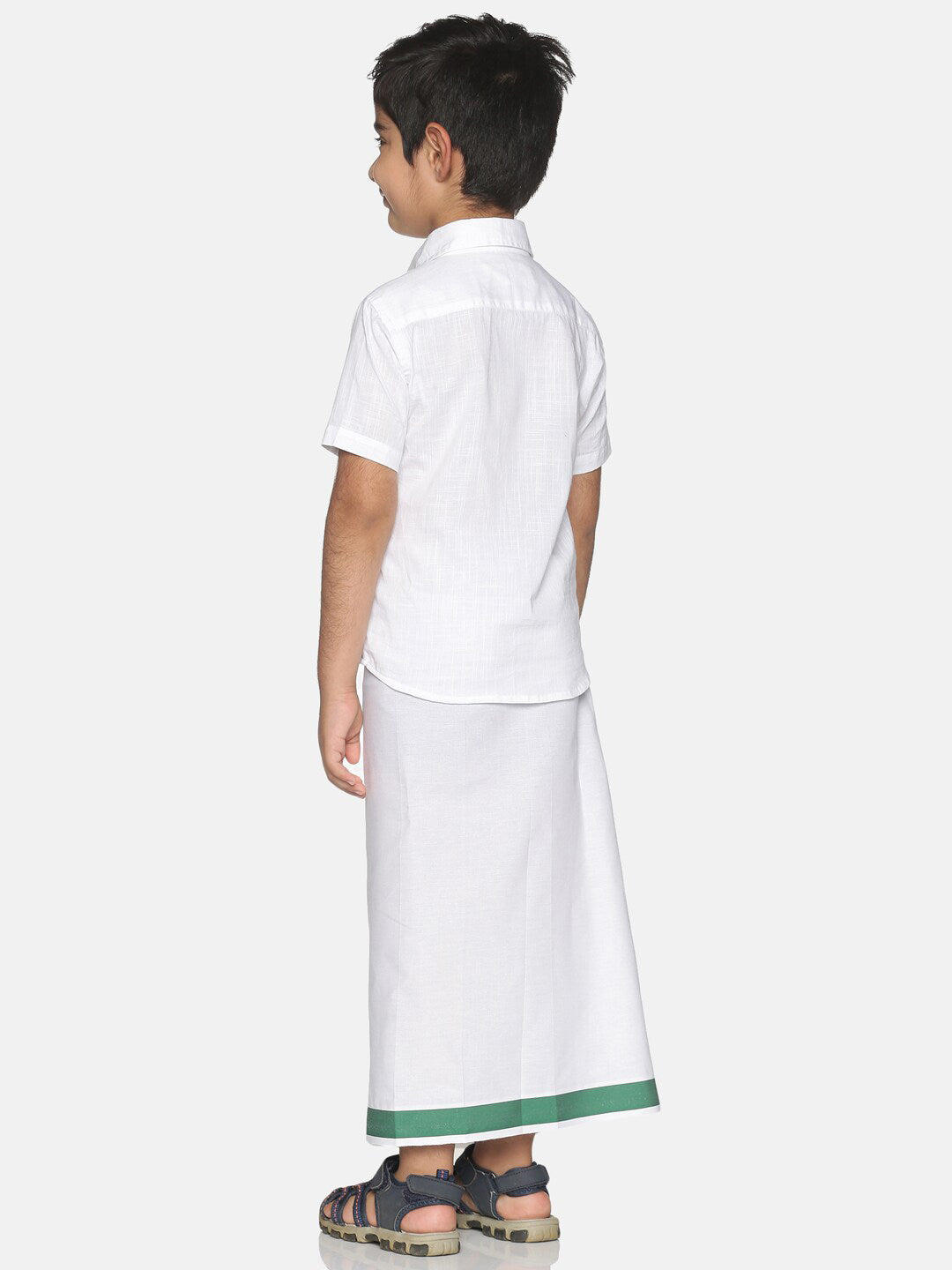 Sethukrishna Boys White & Green Pure Cotton Solid Shirt and Veshti Set