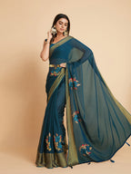 Sangria Green & Gold-Toned Embellished Pure Chiffon Saree - Distacart