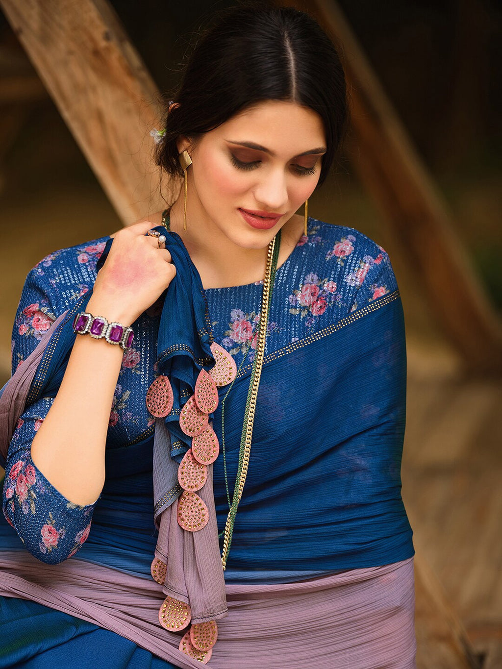 Saree Mall Blue & Mauve Ombre Dyed Sarees - Distacart