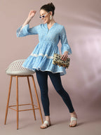 Myshka Women's Blue Embellished Cotton Gathered Party Empire Top