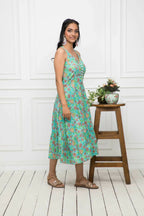 Myshka Women Green Floral Cotton A-Line Round Neck Long Dress - Distacart