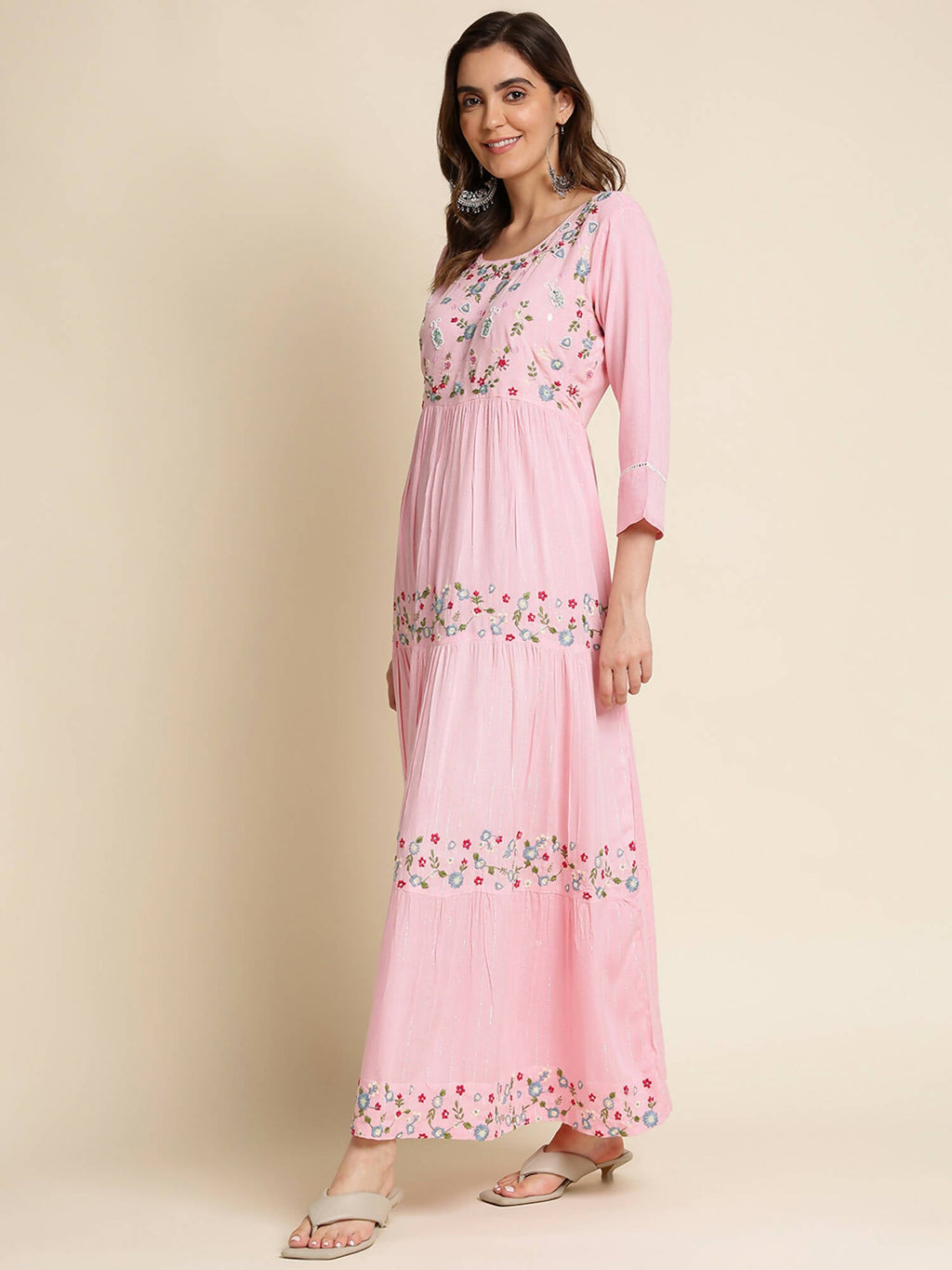 Pink Chinon Floral Embroidered Dress - Nandani - Distacart