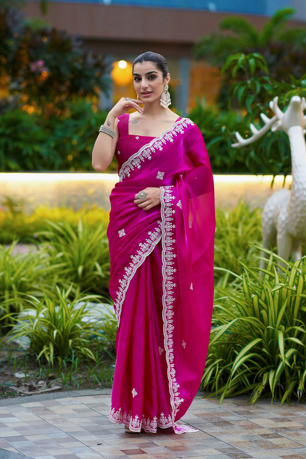 Vastranavya Pink Embroidery Work Shimmer Chiffon Saree with Unstitched Blouse - Distacart