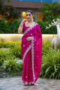 Vastranavya Pink Embroidery Work Shimmer Chiffon Saree with Unstitched Blouse - Distacart