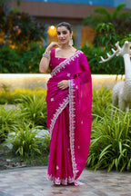 Vastranavya Pink Embroidery Work Shimmer Chiffon Saree with Unstitched Blouse - Distacart