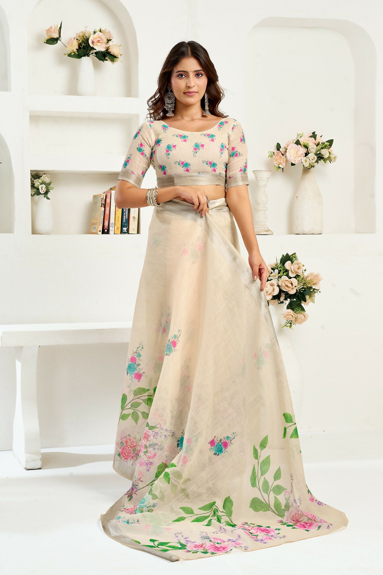Vastranavya Cream Digital Printed Linen Ready To Wear Designer Saree with Unstitched Blouse - Distacart