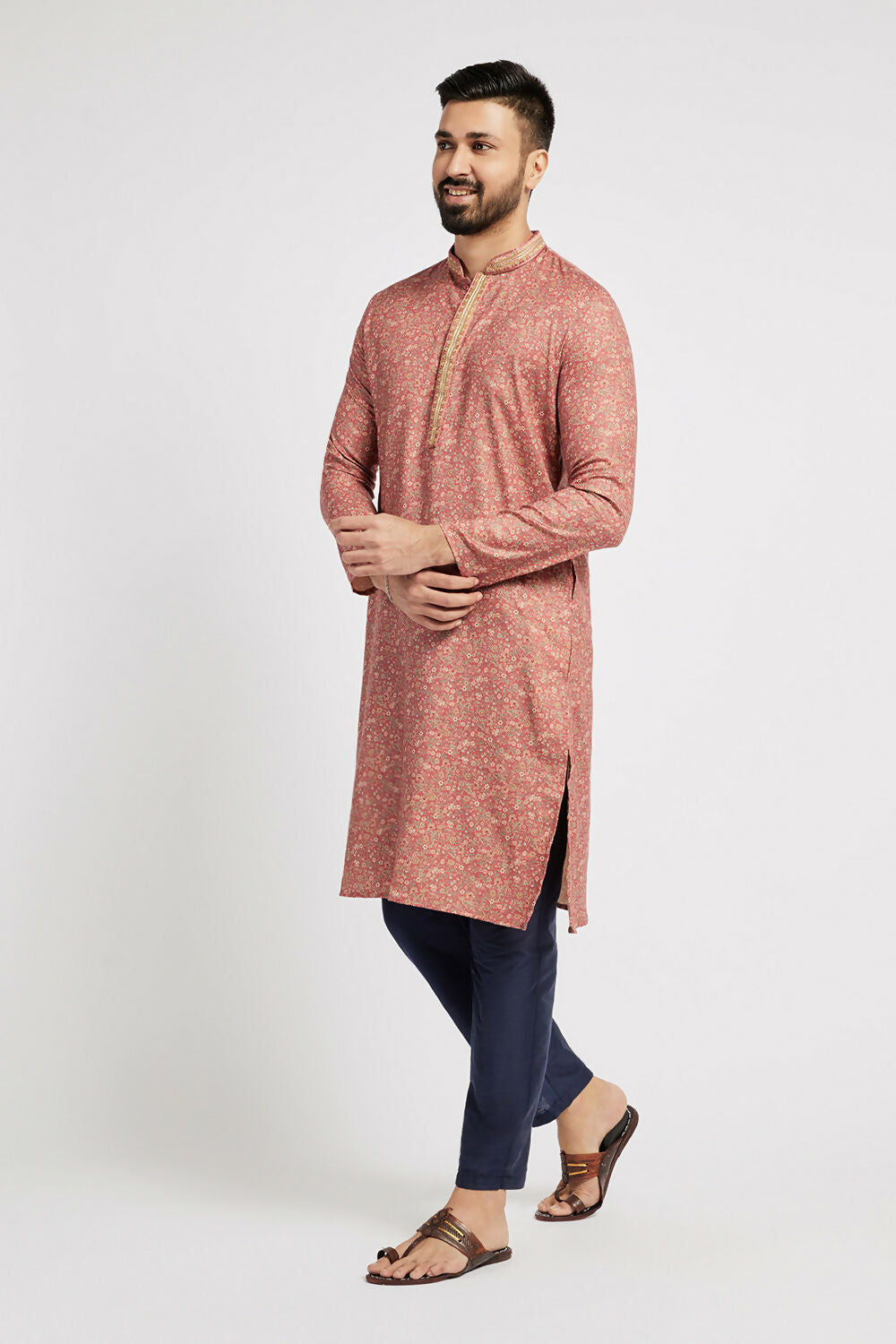 Ethnic India Pink Men's Kurta Floral Polyester
