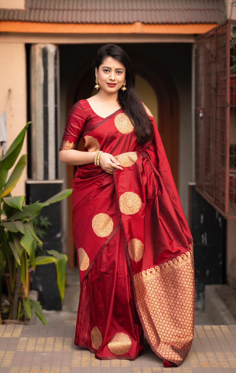 Maroon Silk Woven Saree with Unstitched Blouse - Hiral Fashion