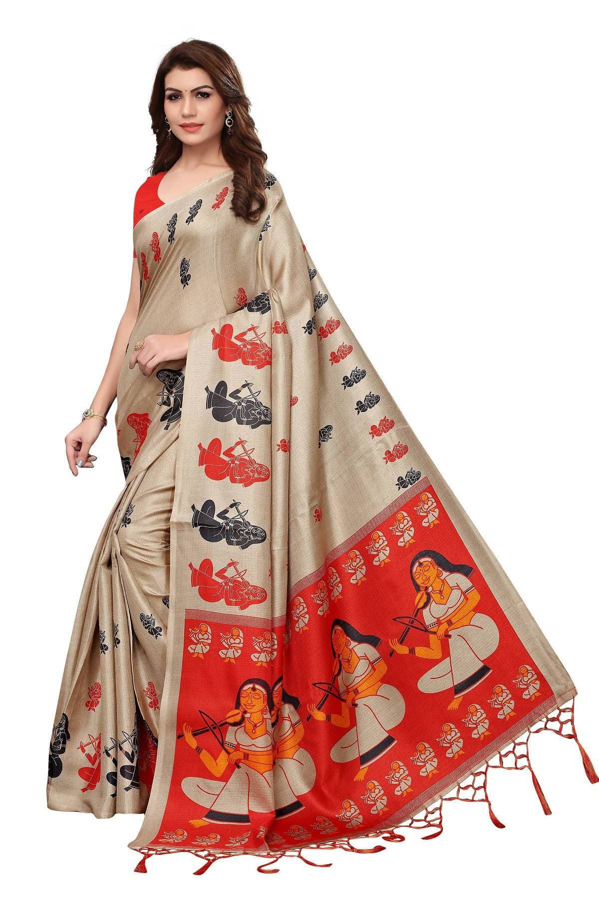 Vamika Chiku & Red Kalamkari With Jhalar Khadi Silk Saree