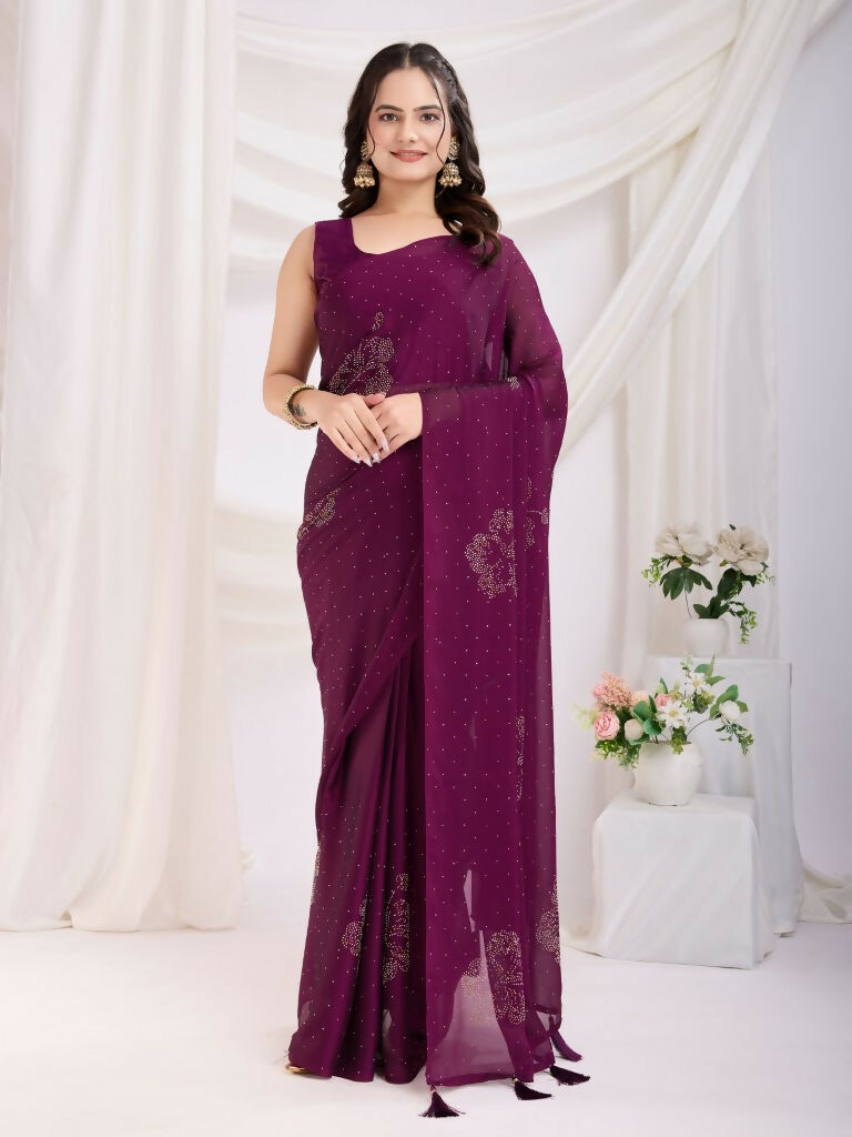 Purple Rangoli Silk Diamond Work Ready To Wear Saree - Tamana