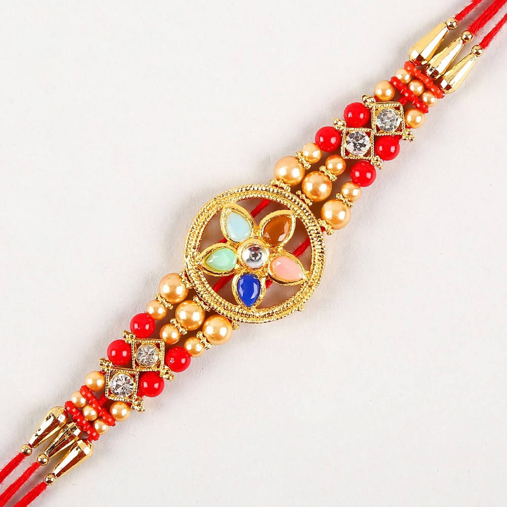 Flower Design Kundan Rakhi And Almonds Jar - Distacart