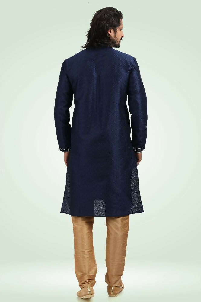 Raivat Ethnic Jacquard Banarasi Silk Pintux Work Kurta Pajama In Blue Colour