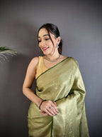 Joban Fashion Dusty Green Paisley & Floral Soft Satin Silk Banarasi Silk Saree - Distacart