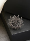 NVR Women's Silver-Toned Floral Shape Adjustable Finger Ring