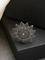 NVR Women's Silver-Toned Floral Shape Adjustable Finger Ring