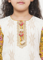Little Bansi Girls Cotton Embroidery Kurta with floral sharara with Dupatta - White & Yellow