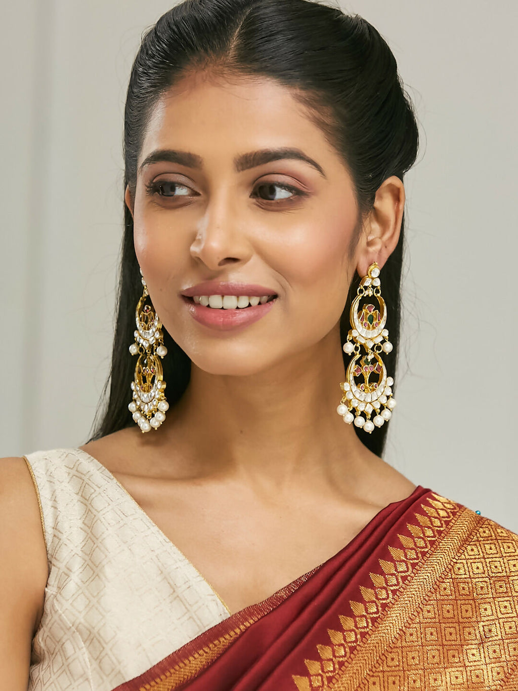 Nuyug 22K Gold-Plated Kundan Studded & Pearl Beaded Layered Chandbalis - Distacart