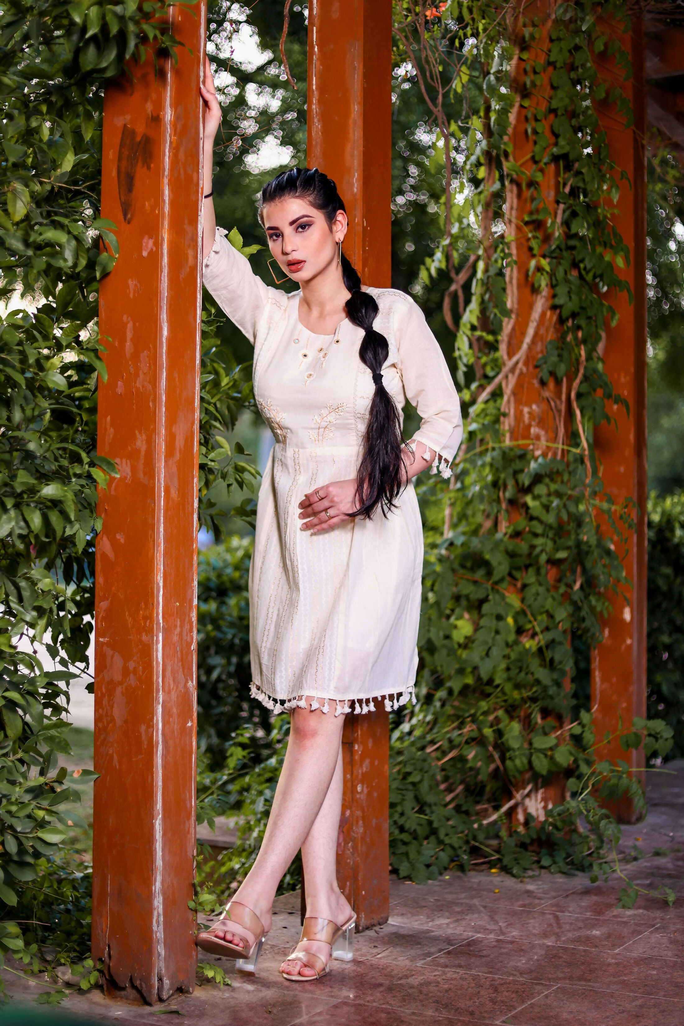 Aayaa Designer Multi Thread Hand Work Khadi Cotton One Piece Dress - Off White