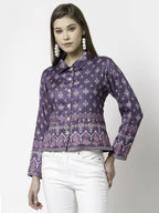 Myshka Women Purple Cotton Blend Printed Full Sleeve Shirt Collar Casual Jacket