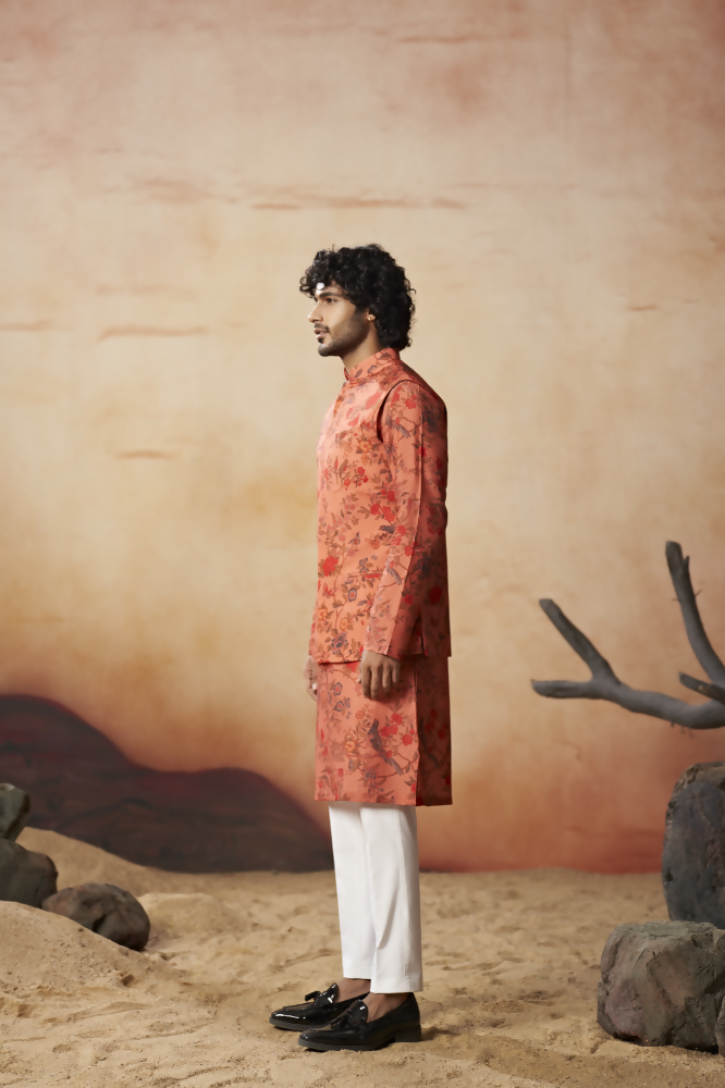 Floral Jal Print Silk Nehru Jacket Set by Hilo Design