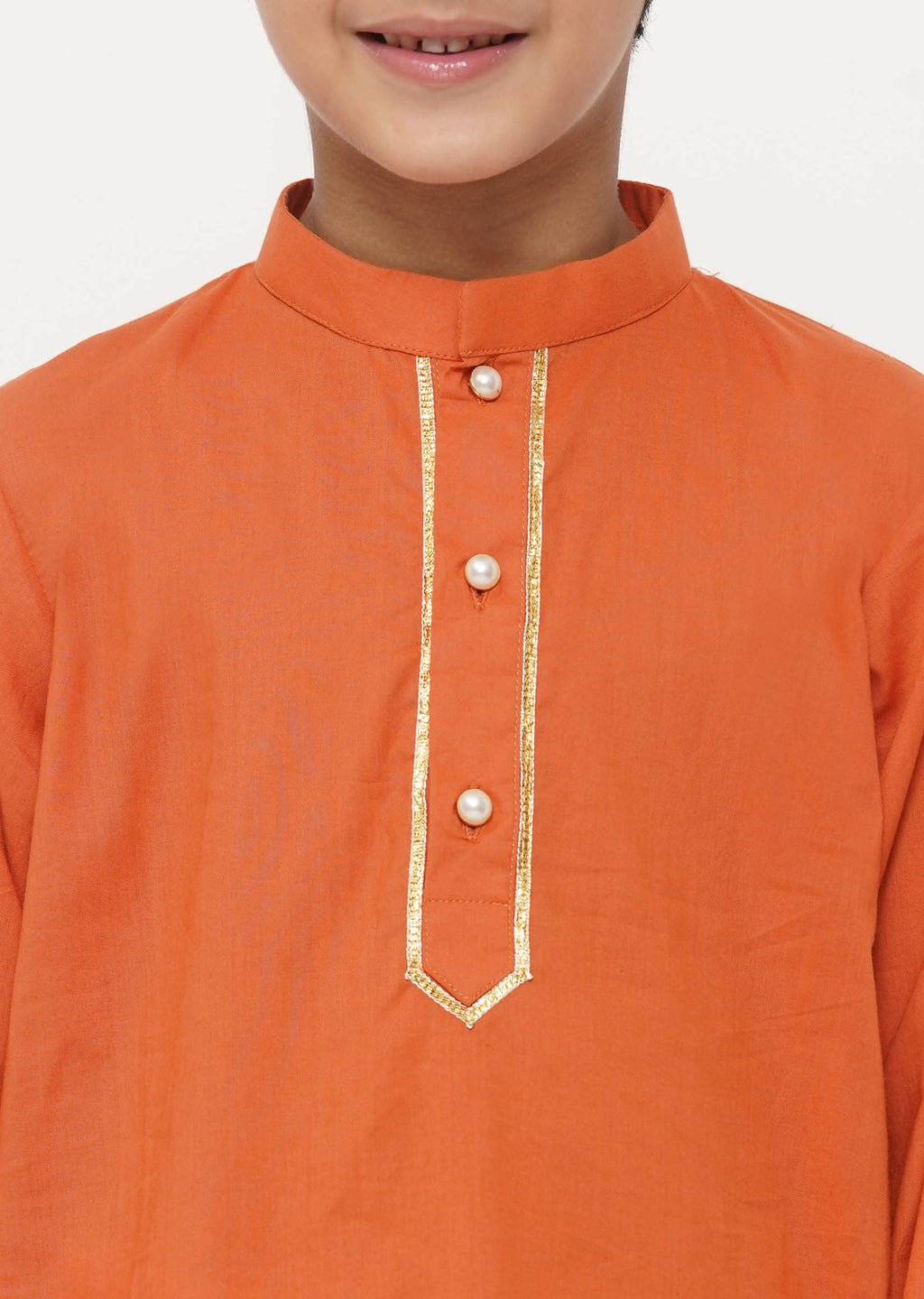 Little Bansi Boys Cotton Kesari Kurta with Pearl Buttons and Pyjama -Orange and Cream