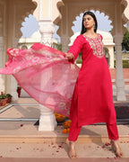 Jyoti Fashion Women's Pink Cotton Silk Hand Work with Floral Printed Kurta Set