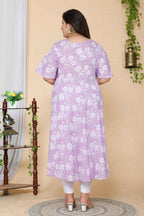 Miravan Women's Plus Size Lavender Floral Flared Sleeves Anarkali Kurta