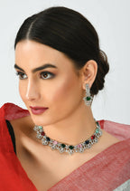 Mominos Fashion Johar Kamal Silver-Plated American Diamond Multi Colour Choker Set - Distacart