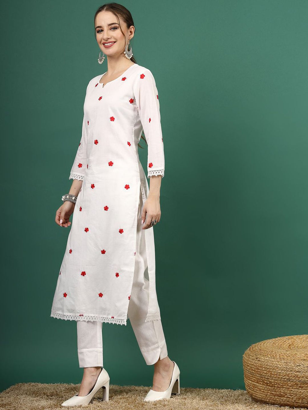 Sangria Floral Embroidered Thread Work Pure Cotton Straight Kurta