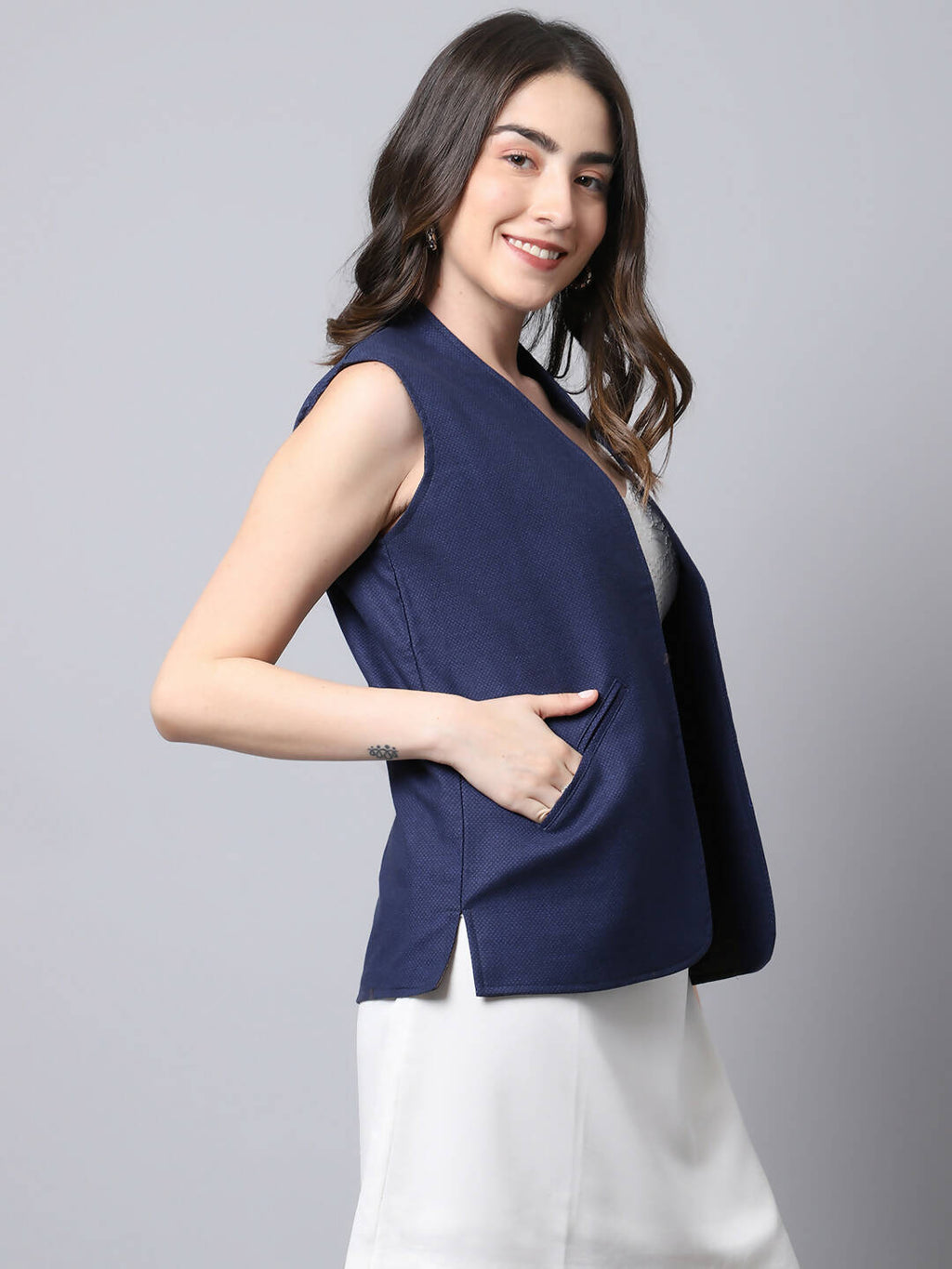 Even Apparels Navy Polywool Open Front Women's Waistcoat - Distacart