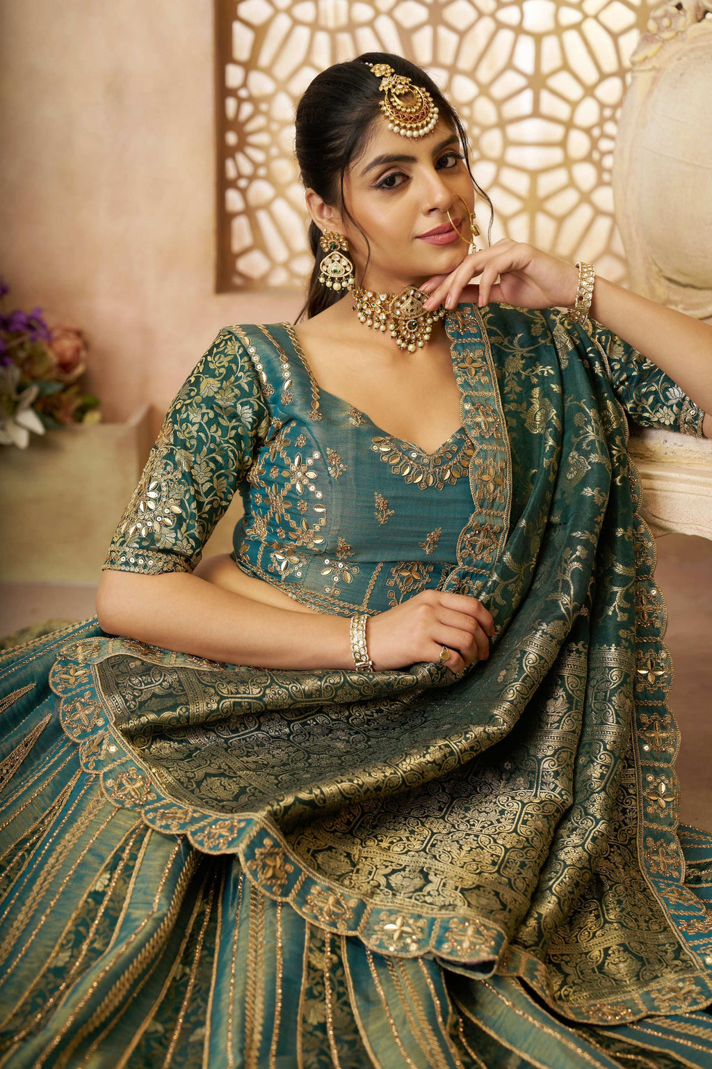 Kesar Fab Green Net Hand_Woven Lehenga