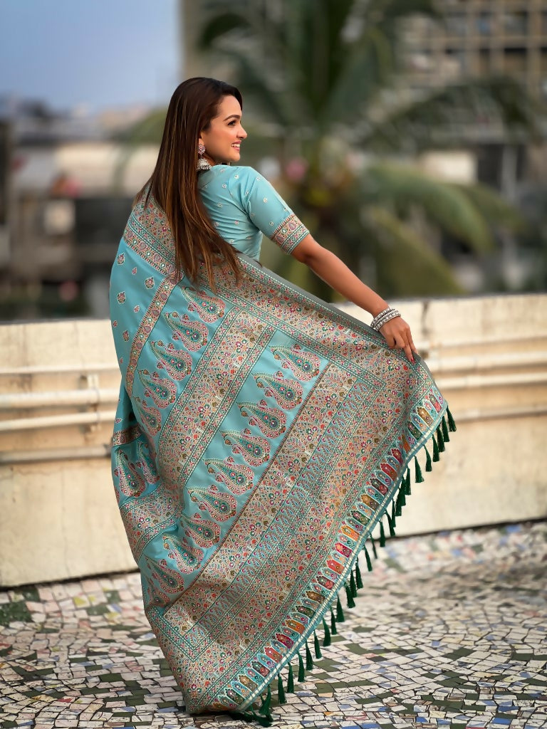 Blue Pashmina Silk Wevon Kashmiri Meenakari Designer Saree with Unstitched Blouse - Vandini