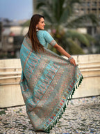 Blue Pashmina Silk Wevon Kashmiri Meenakari Designer Saree with Unstitched Blouse - Vandini