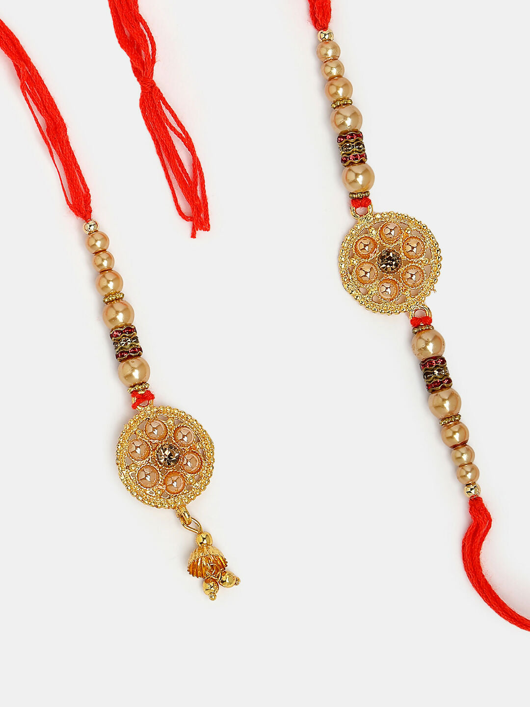 NVR Women & Men Set of 2 Gold-Toned Stone-Studded & Beaded Bhaiya Bhabi Rakhi With Roli Chawal - Distacart