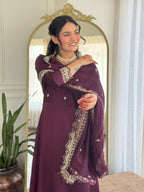 The52 Wine Women's Gorgeous Vichitra Silk Fabric Embroidered Work Flared Anarkali Pant and Dupatta Set - Distacart
