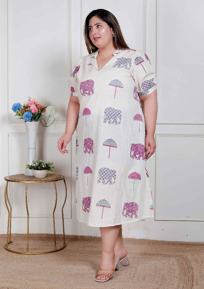 Miravan Plus Size Womens Flex Cotton Short Sleeve Off White Animal Print A-Line Maxi Dress