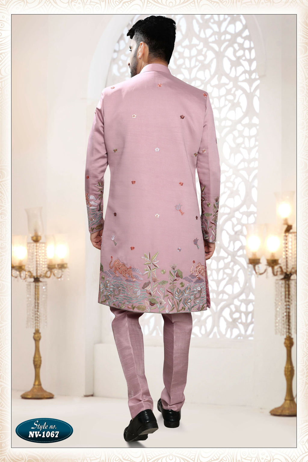Joban Fashion Men's Pink Straight Silk Thread And Sequence Embroidery All Over 3 Pc Kurta Set
