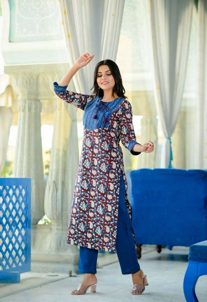 Yufta Women Blue Floral Printed Regular Pure Cotton Kurta with Trouser