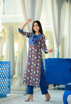 Yufta Women Blue Floral Printed Regular Pure Cotton Kurta with Trouser