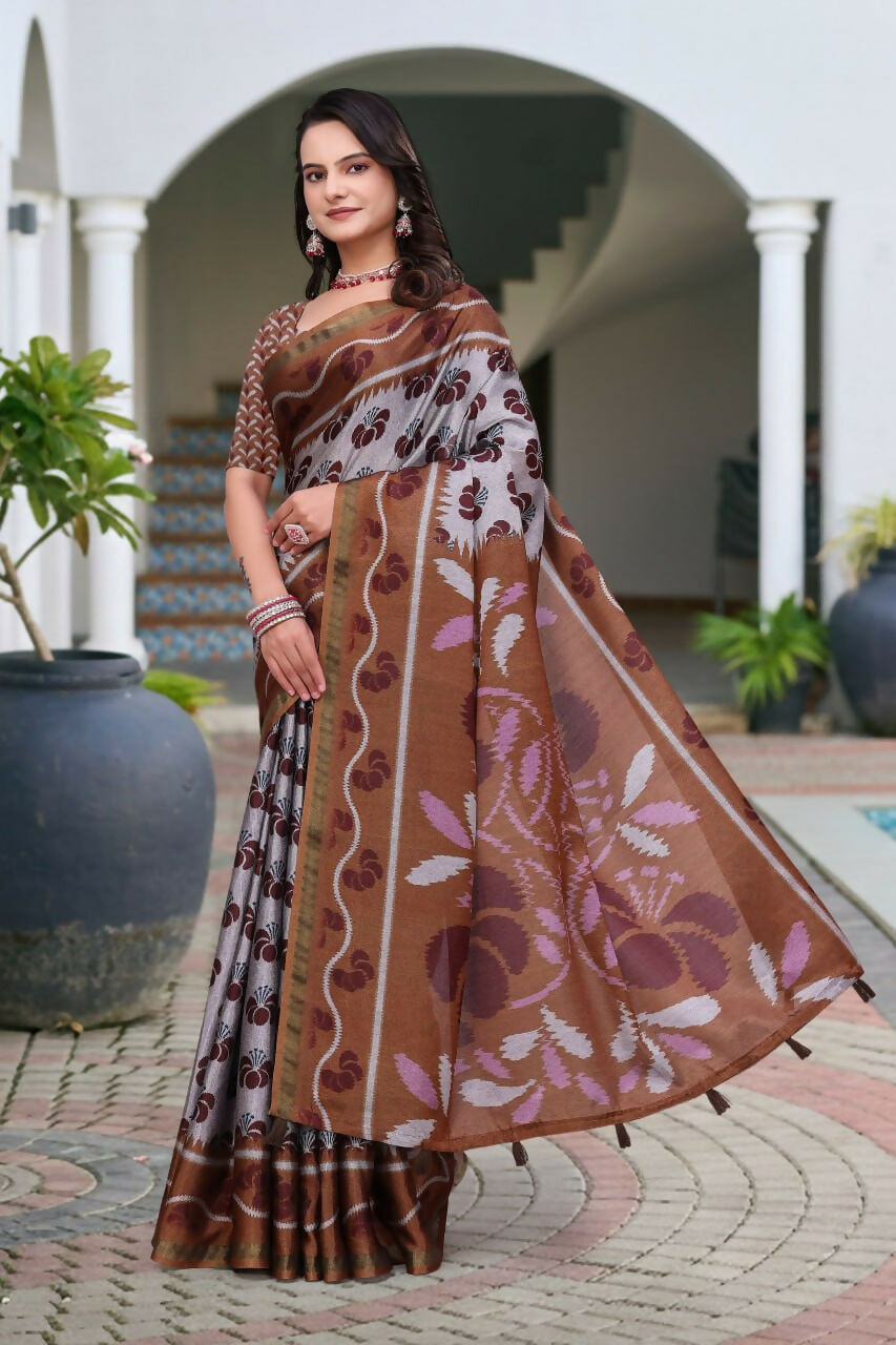 Prime Volt Women's Brown Printed Mal Cotton Saree with Designer Blouse Piece - Distacart