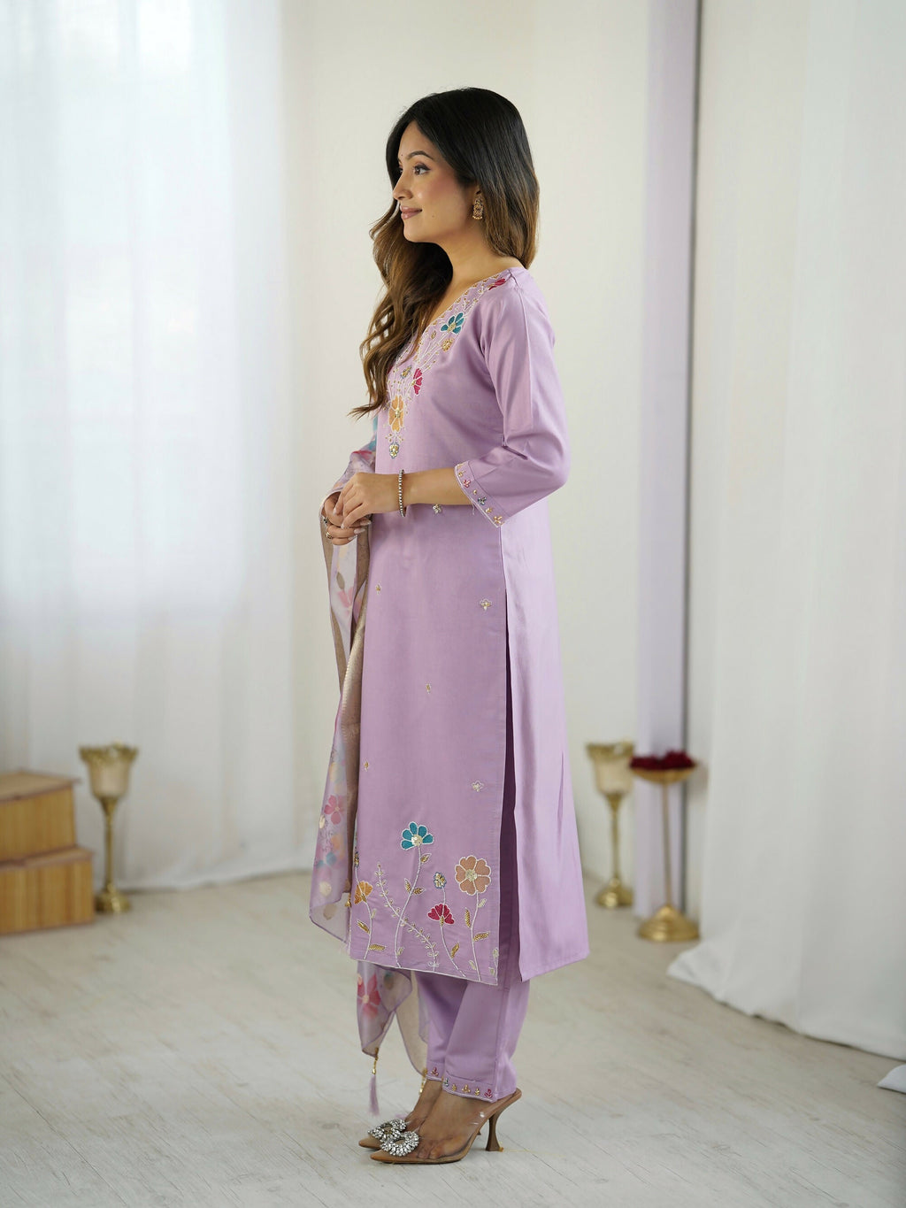 The52 Lavender Women's Gorgeous Embroidered work Viscose Gadhwal Fabric Straight Kurta, Pant and Dupatta Set - Distacart