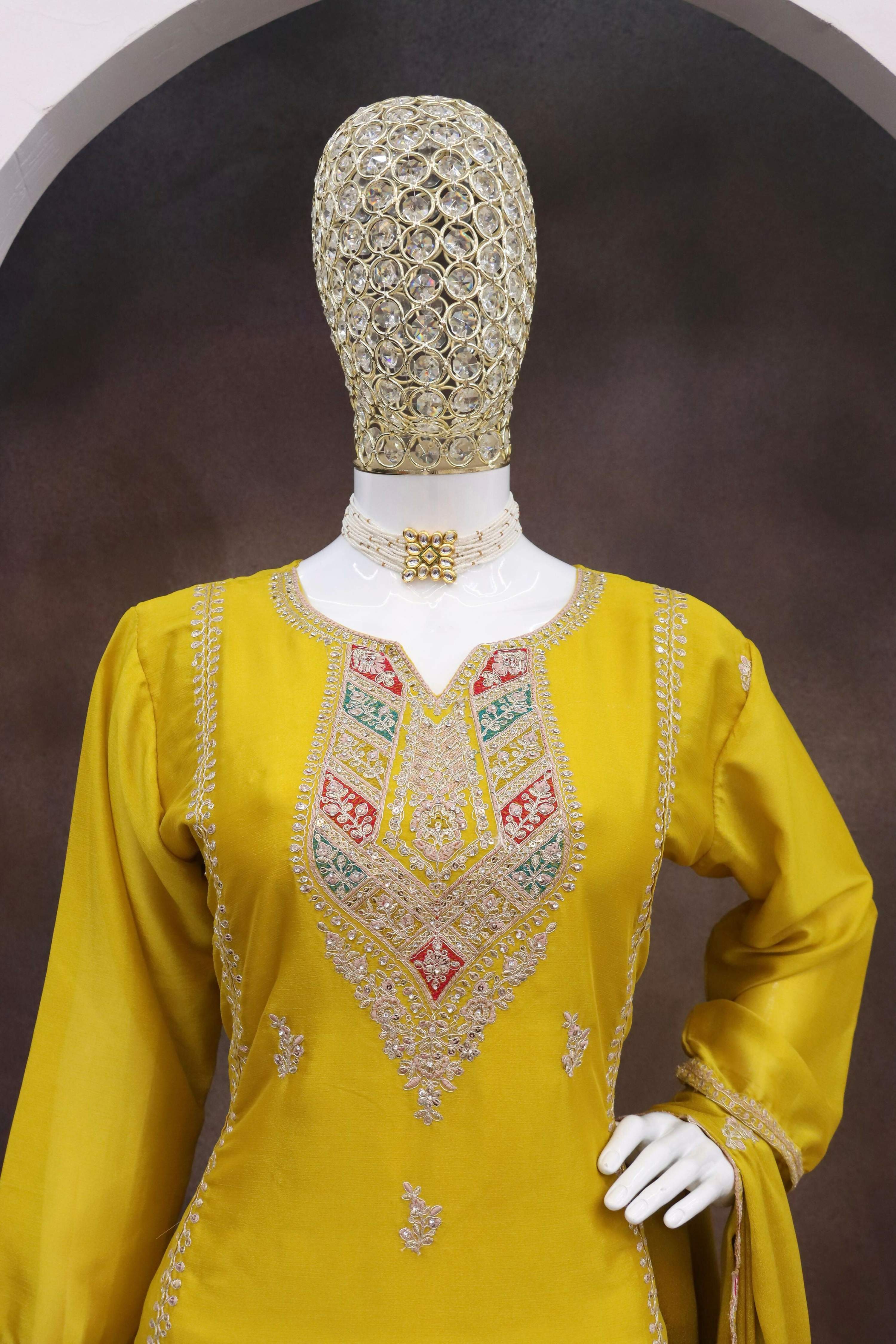Anaita Yellow Heavy Chinon Readymade Suit with Embroidery & Sequence Work - Distacart
