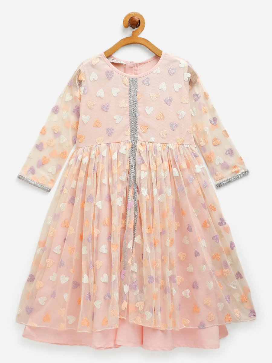 Ahalyaa Pink Net Glitter Print kids Dress For Girls