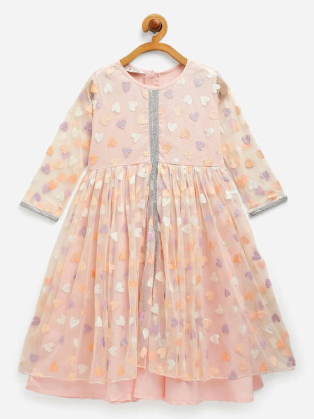 Ahalyaa Pink Net Glitter Print kids Dress For Girls
