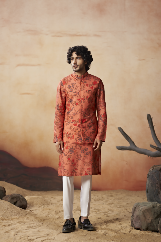 Floral Jal Print Silk Nehru Jacket Set by Hilo Design