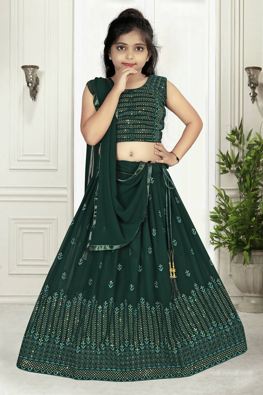 Wedding Designer Green Pure Georgette Kidswear Lehenga - Aaradhna