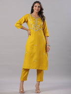 Juniper Women's Mustard Silk Zari Embroidered Kurta Pant Dupatta Set - Distacart