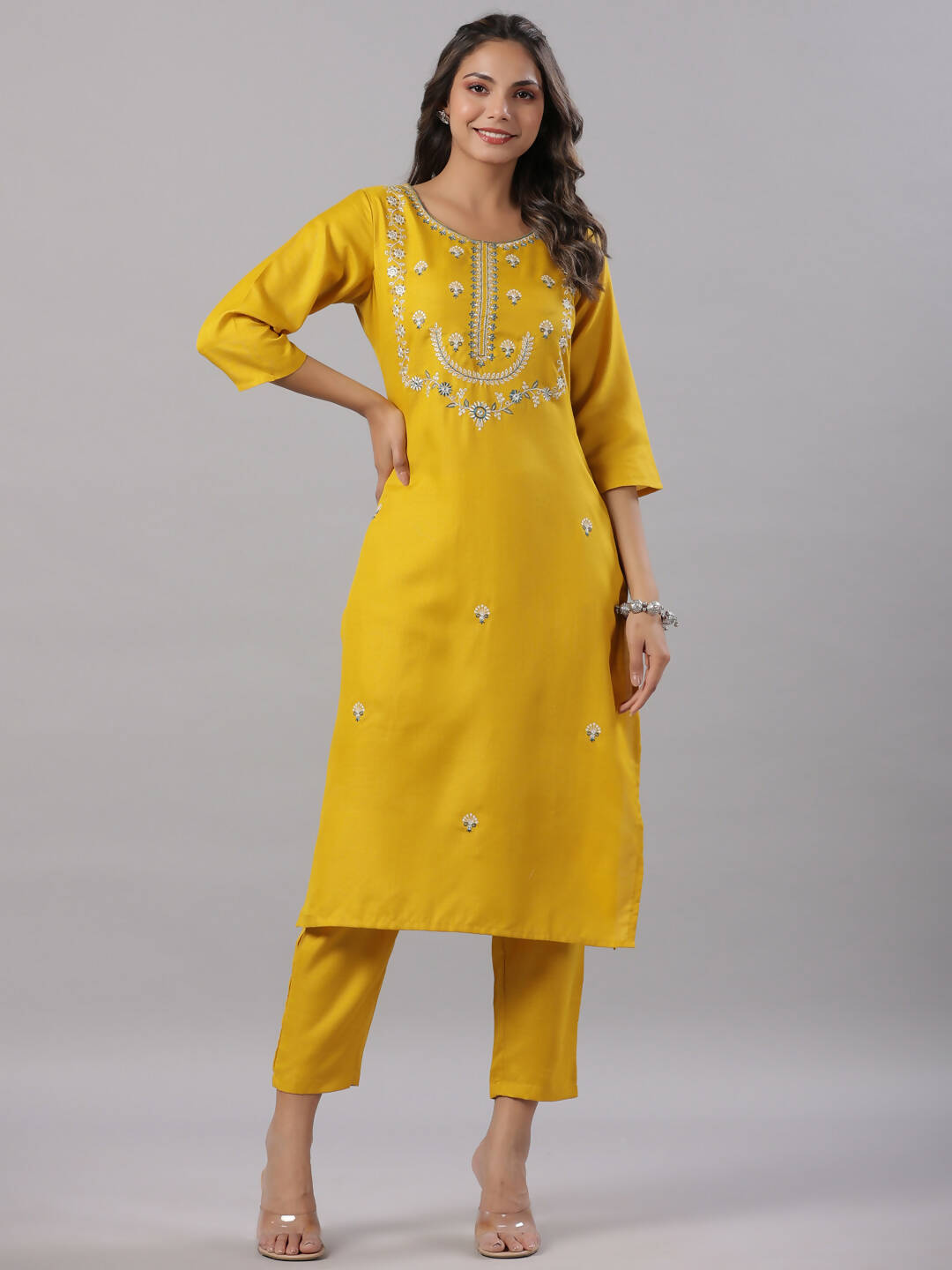 Juniper Women's Mustard Silk Zari Embroidered Kurta Pant Dupatta Set - Distacart