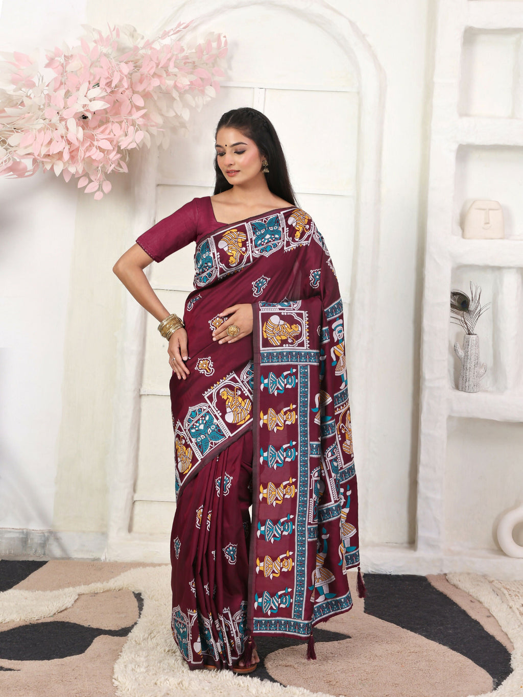 Shree Shyam Fashion Silk Blend Wine Saree - Distacart